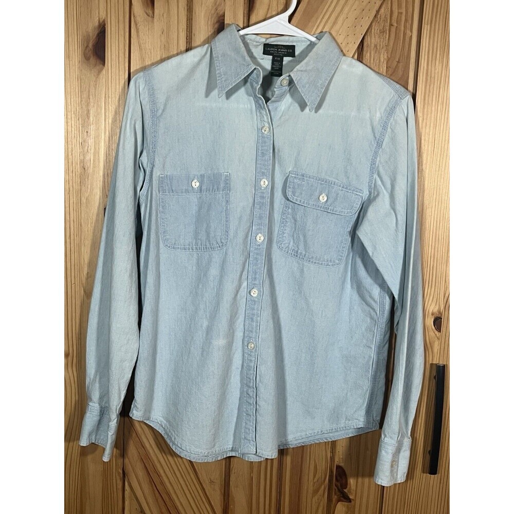 Lauren Ralph Lauren Women's Blue Chambray Button Down Shirt Cotton Petite Medium